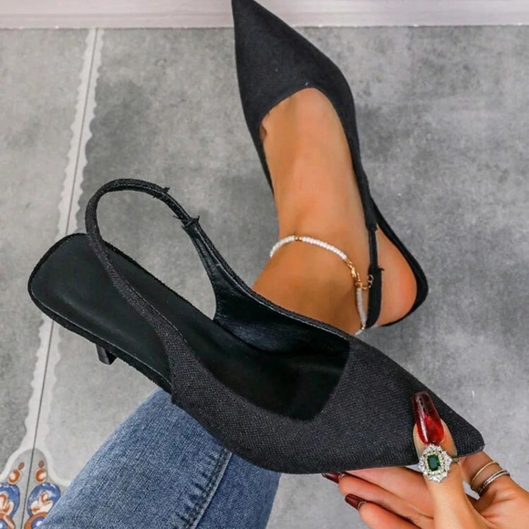 Women Kitten Heel Shoes, Solid Color Elastic Strap High-Heeled Sandals - Picture 1 of 8